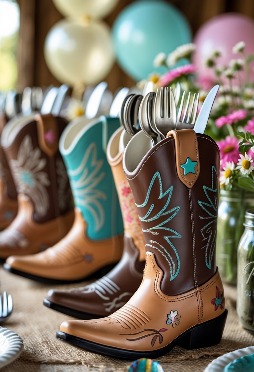 Table set with cowgirl boot-shaped holders containing cutlery, surrounded by birthday party decorations like flowers and balloons.