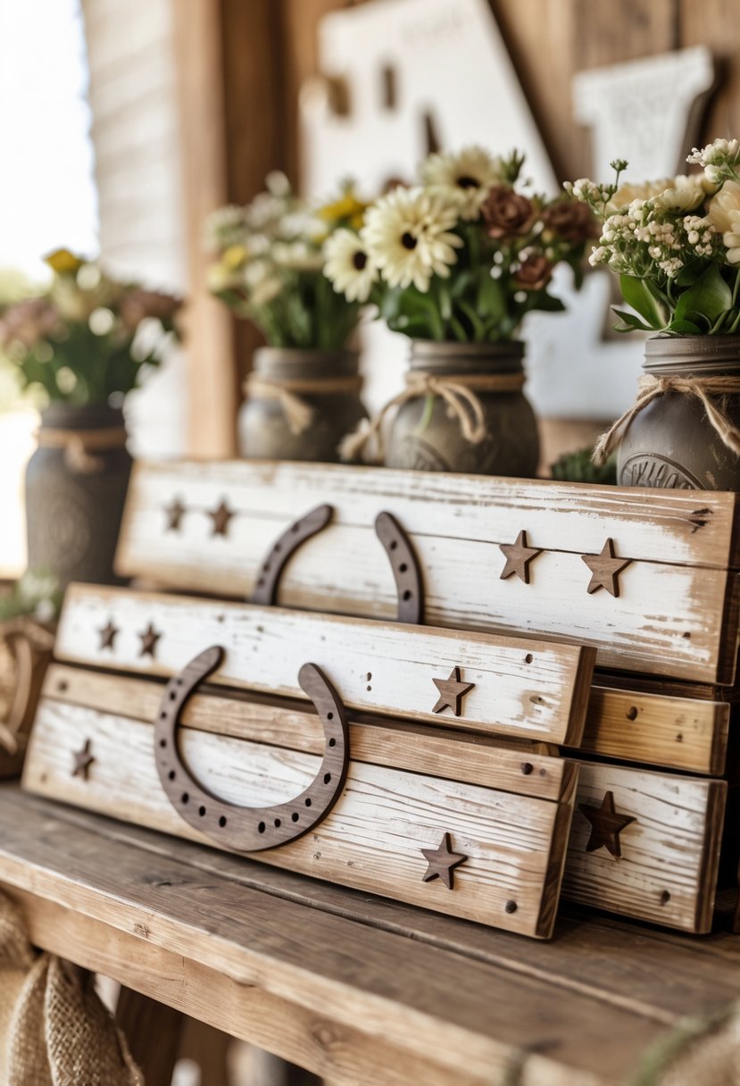 A collection of rustic wooden signs decorated with cowgirl-themed motifs arranged on a wooden table with party decorations in the background.