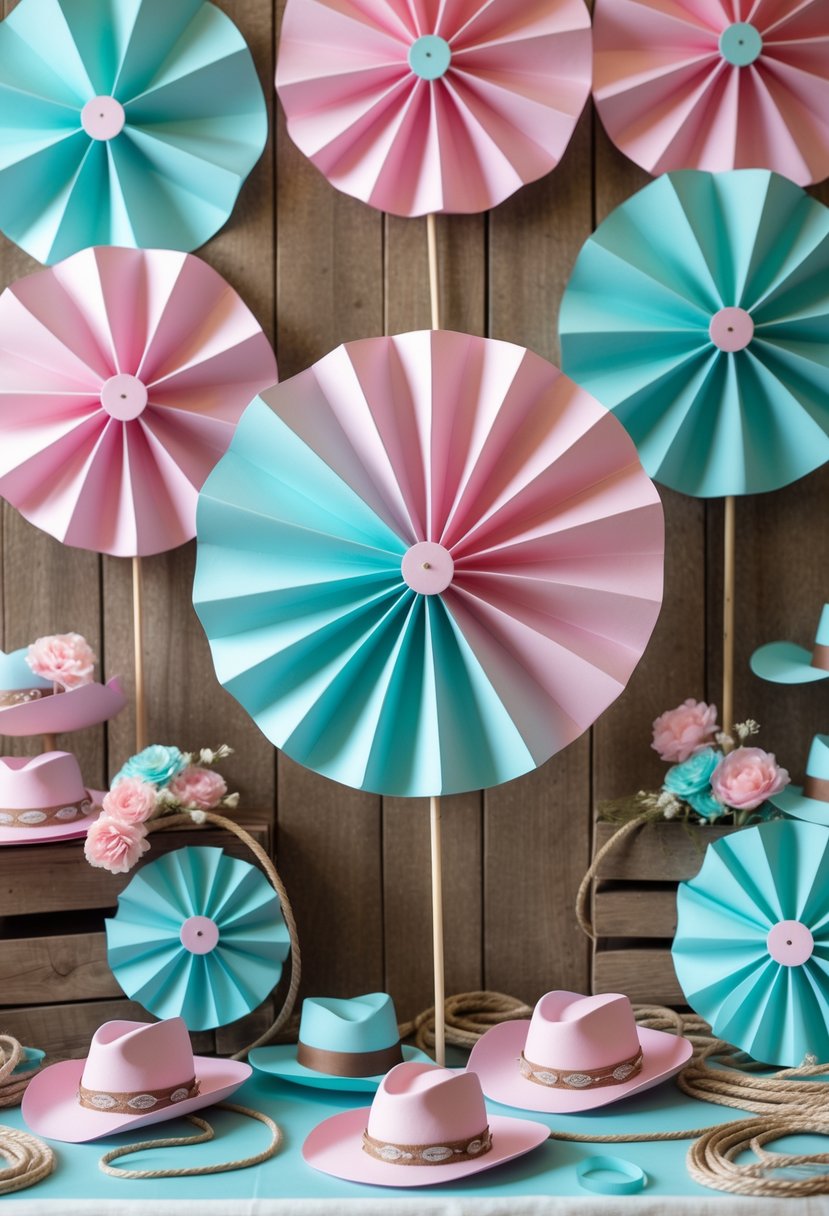 Paper pinwheel fans in pastel pink and turquoise arranged with cowgirl-themed decorations for a birthday party.