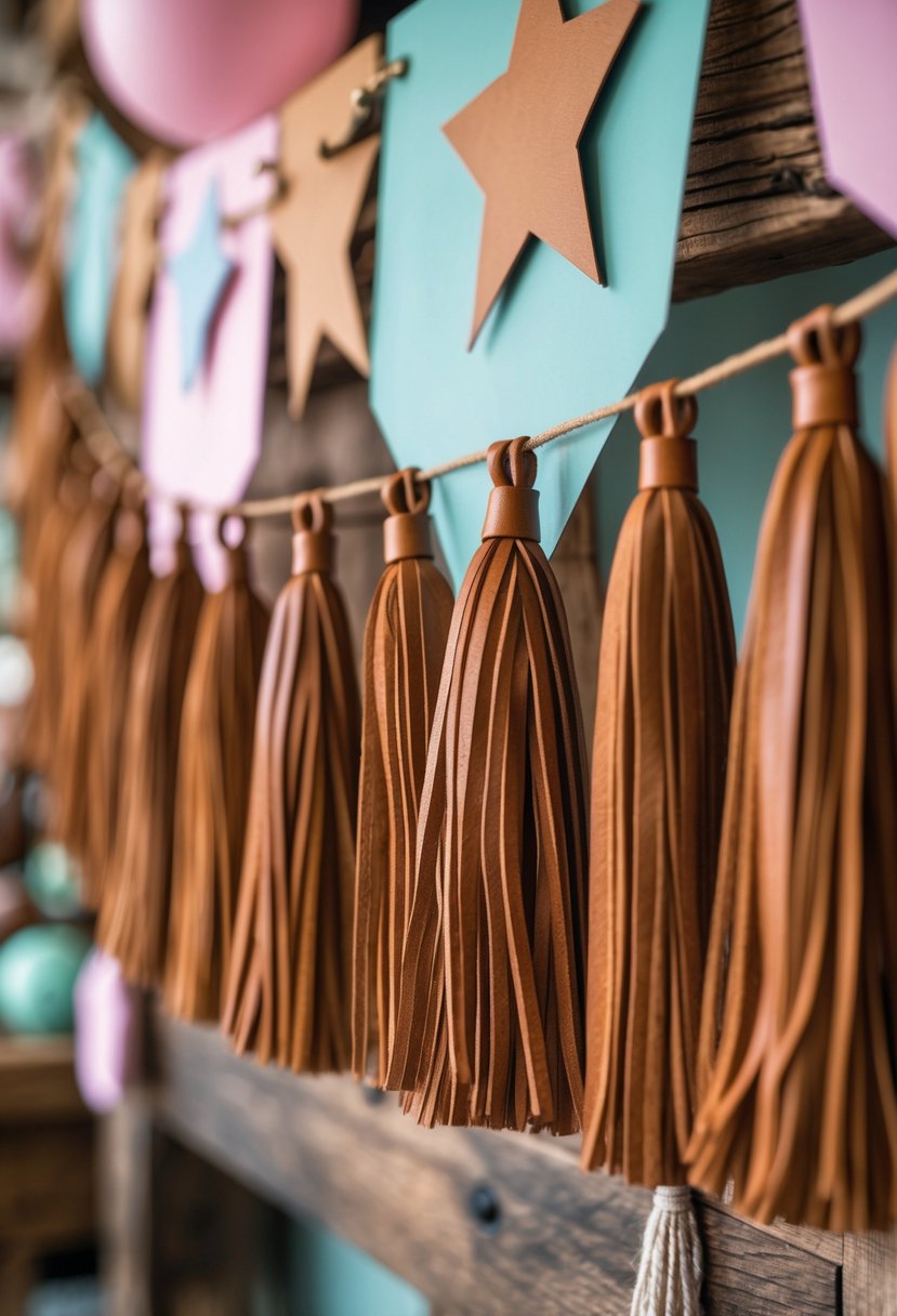 Close-up of leather fringe tassels hanging from decorative banners at a cowgirl-themed birthday party.