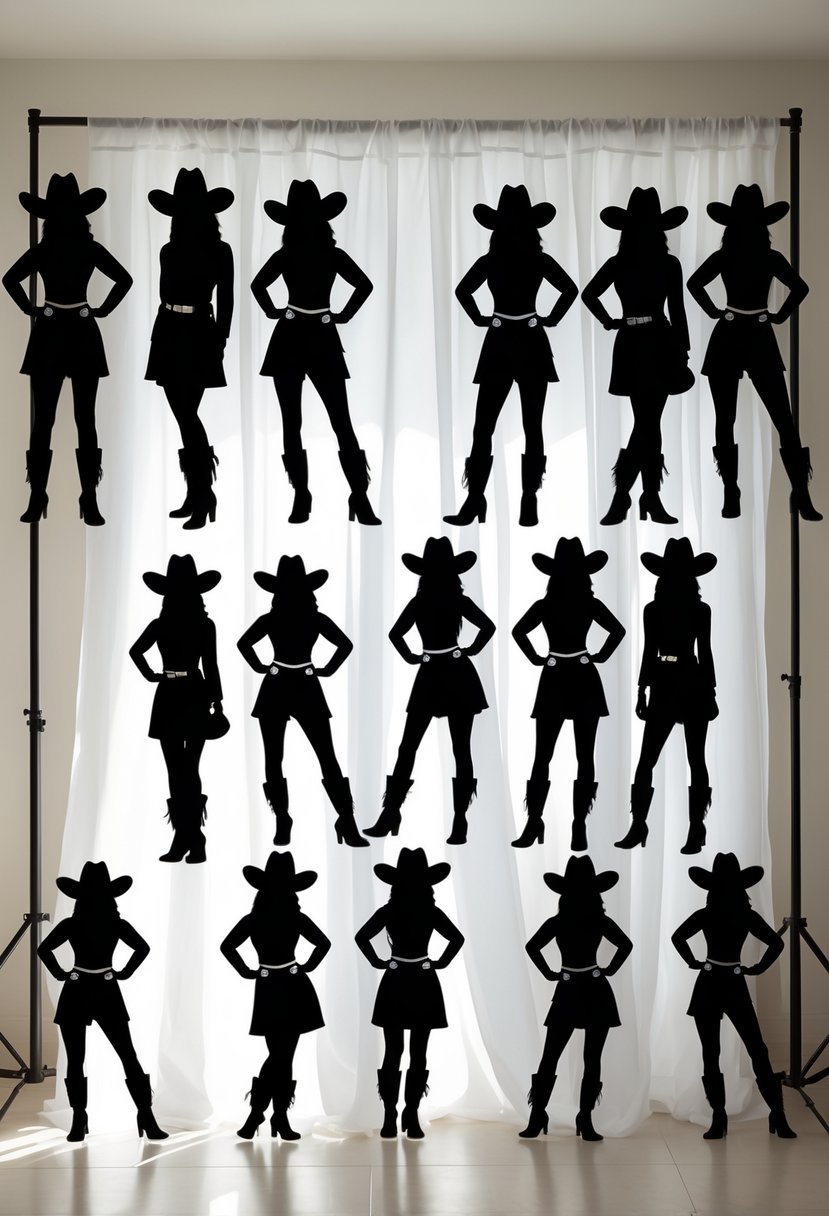 Fifteen cowgirl silhouette cutouts arranged as birthday party photo booth decorations.