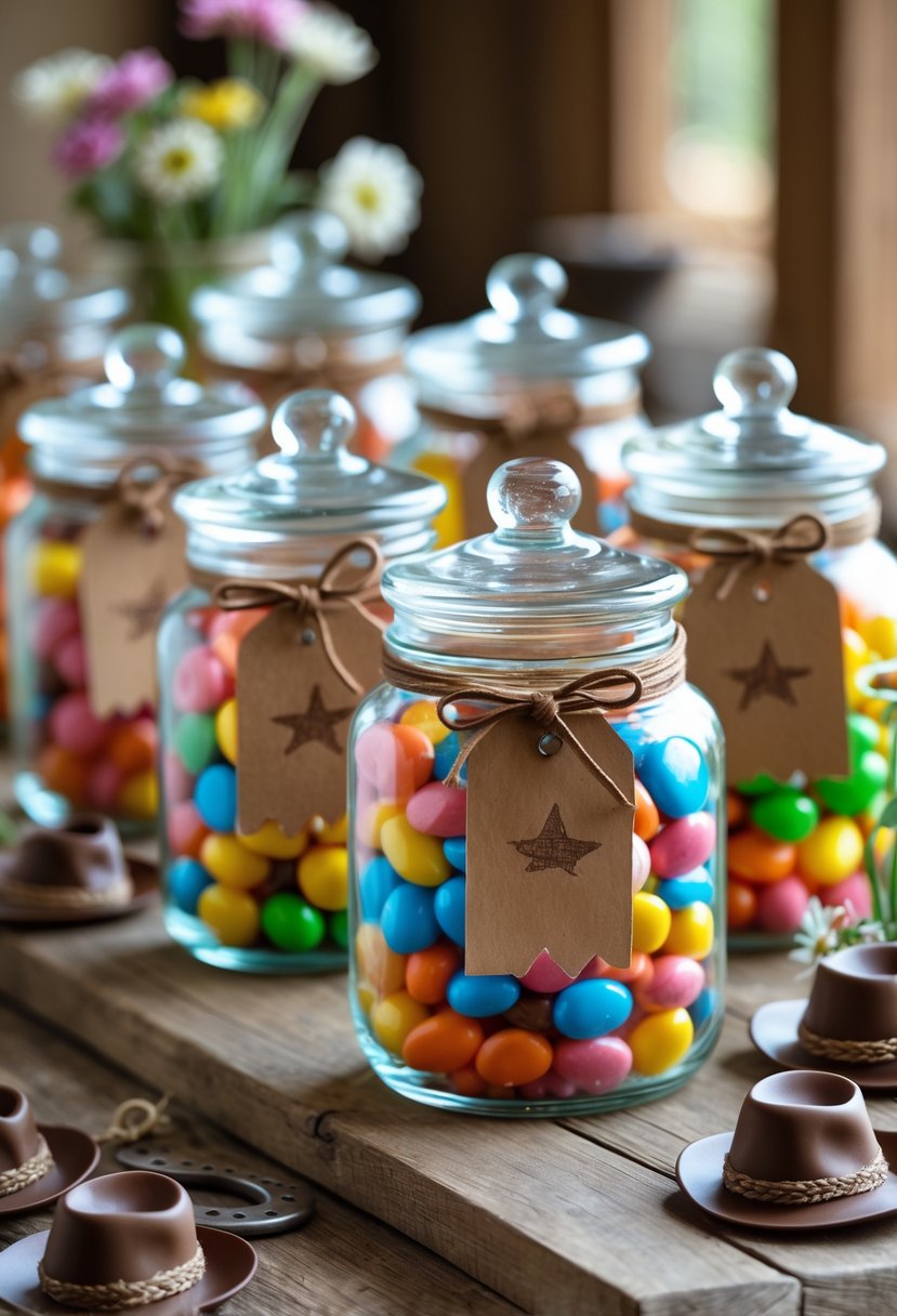 A collection of glass candy jars filled with colorful candies, decorated with rustic Western-style tags, arranged on a wooden table with small cowboy-themed decorations.
