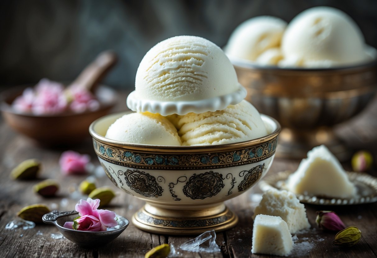 A bowl of creamy white Bastani Sonnati ice cream without saffron on a wooden table with pistachios and rosewater nearby.