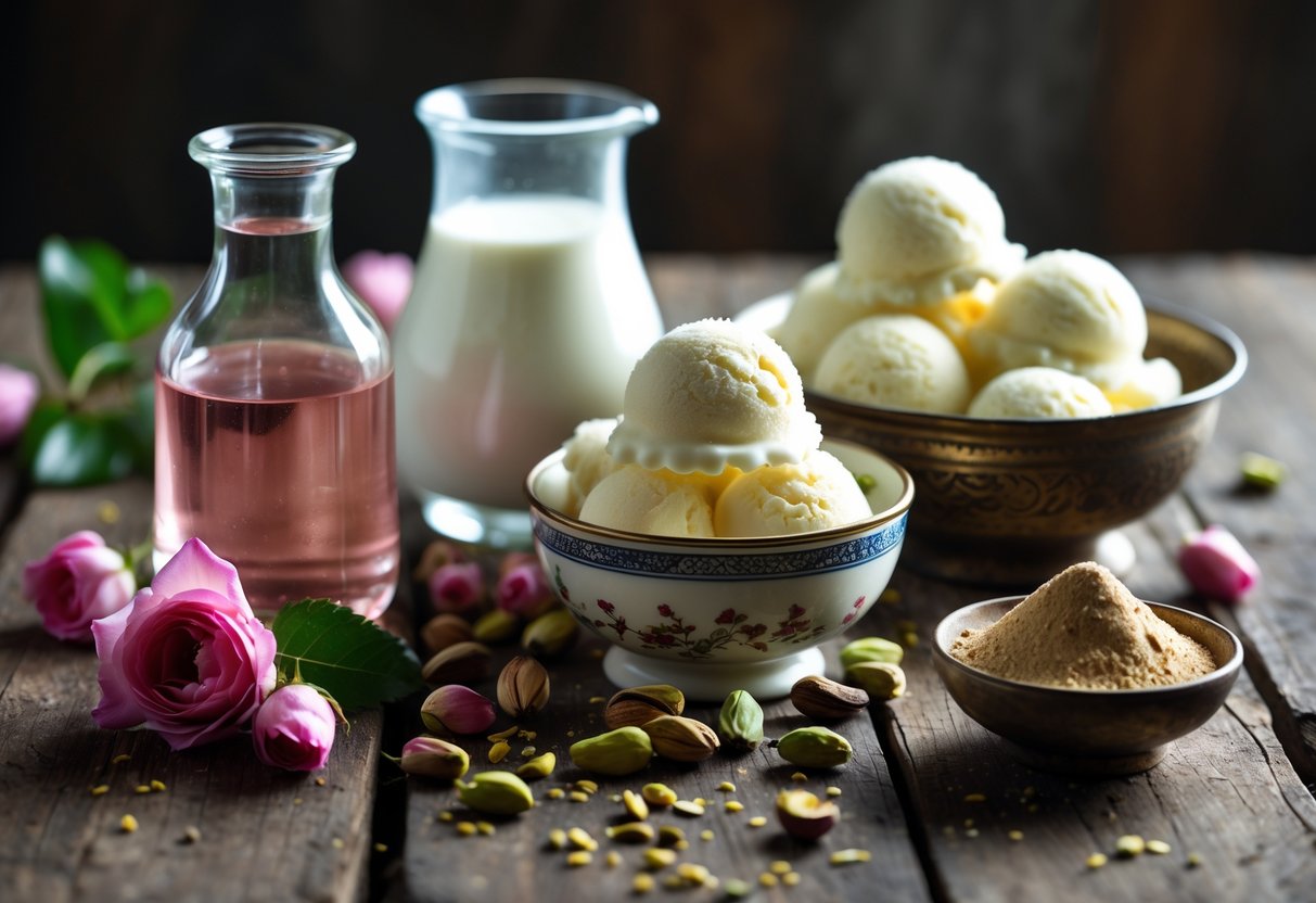 A rustic wooden table with ingredients for Persian traditional ice cream including rosewater, milk, pistachios, salep powder, and frozen ice cream in a bowl.
