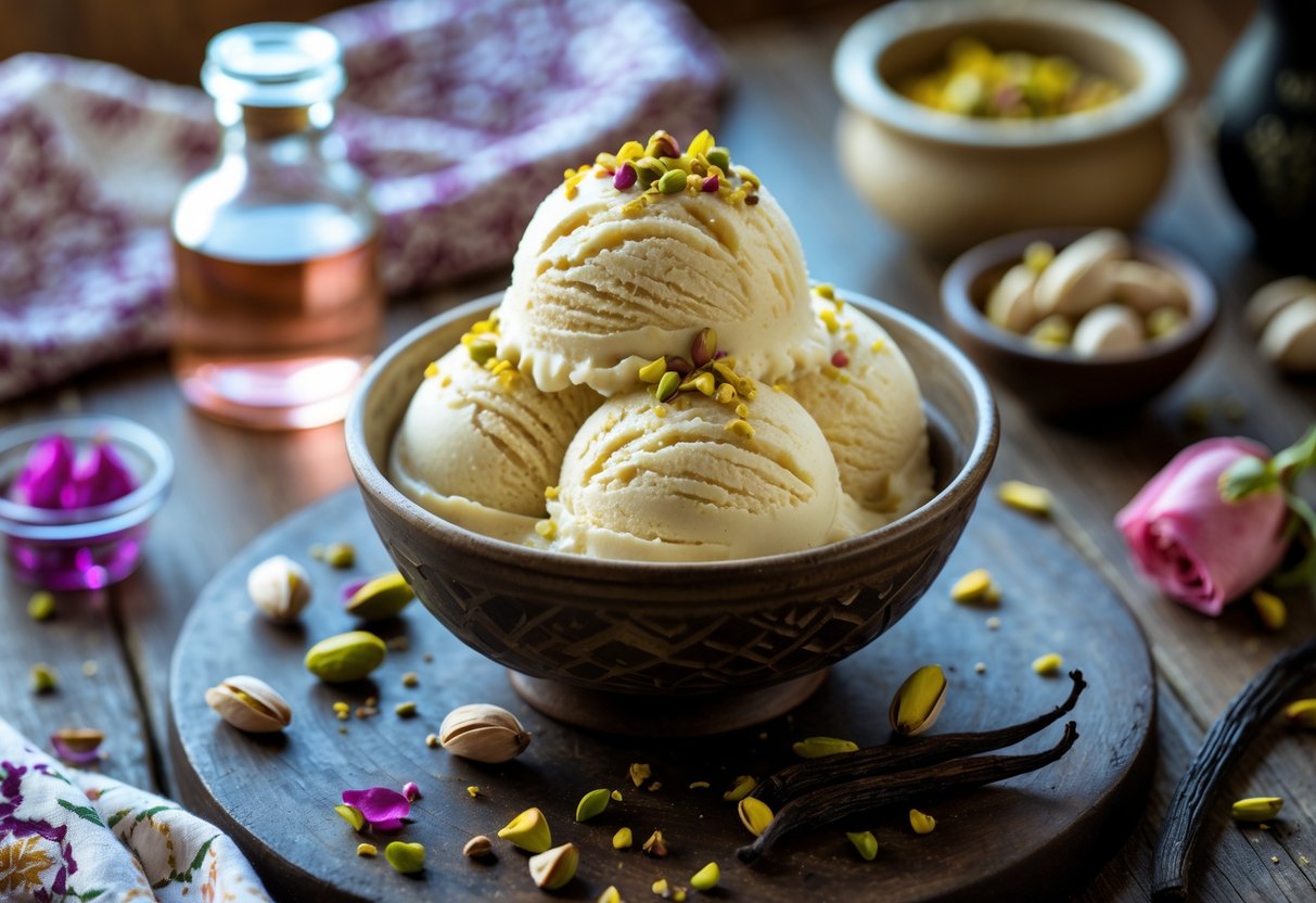 A bowl of traditional Persian ice cream called Bastani Sonnati without saffron, garnished with pistachios, on a wooden table with ingredients around it.