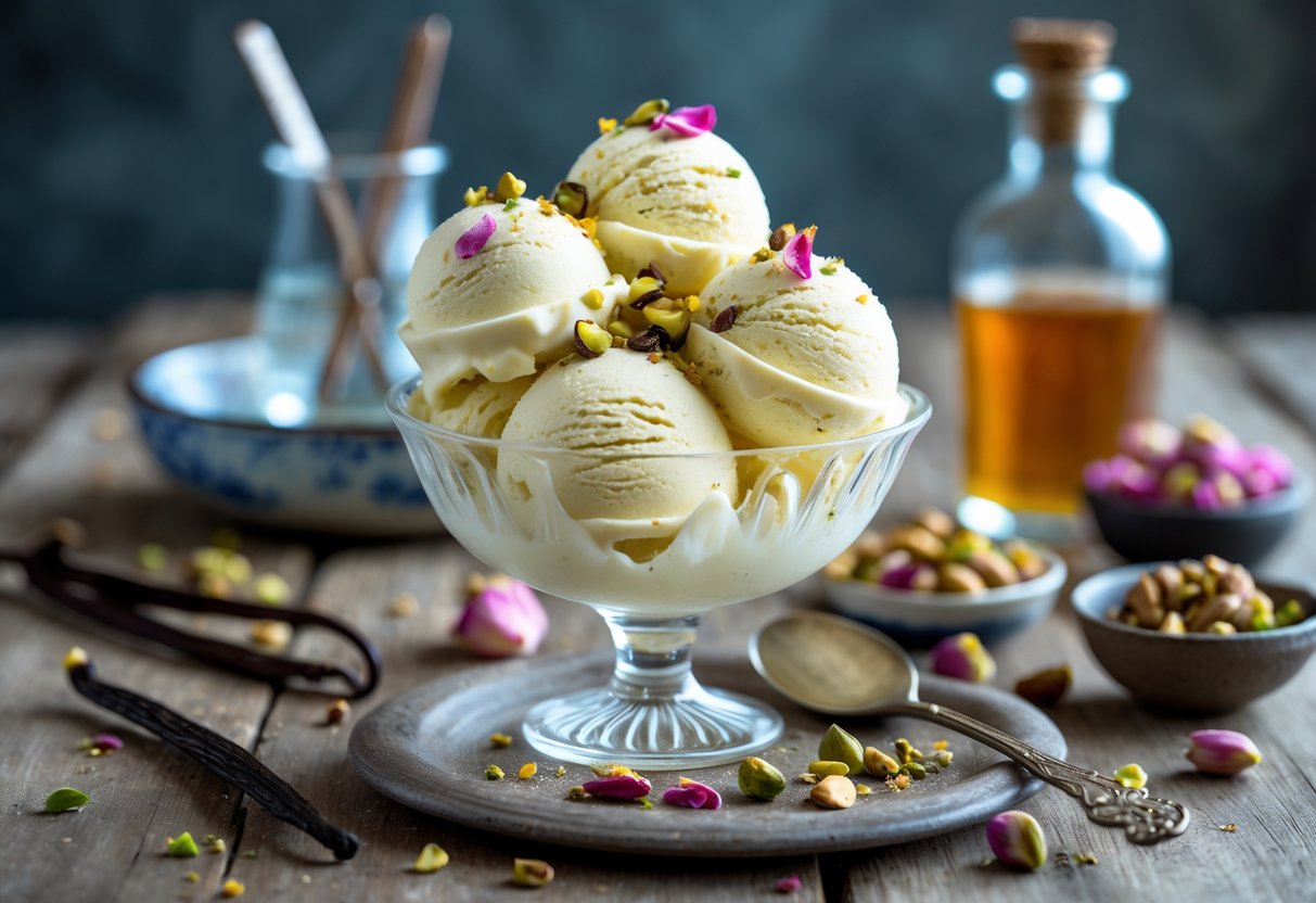 A bowl of creamy Persian ice cream without saffron, garnished with pistachios and rose petals, surrounded by vanilla pods, rosewater, and nuts on a wooden table.
