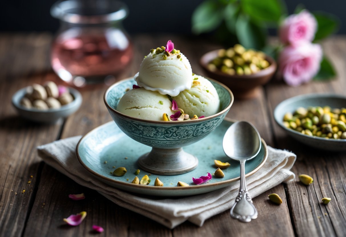 A bowl of creamy white Persian ice cream garnished with pistachios and rose petals on a wooden table with a spoon and small bowls of rosewater and pistachios nearby.
