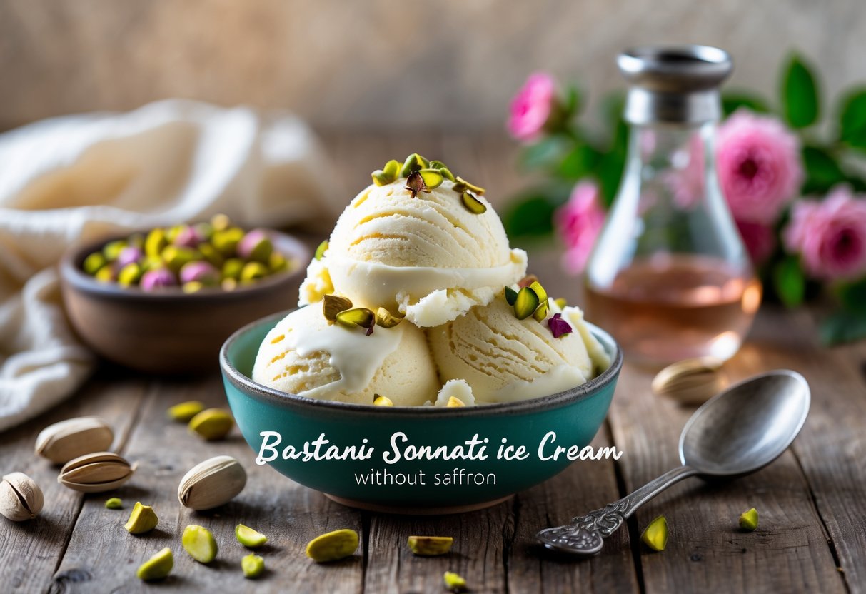 A bowl of traditional Iranian ice cream with pistachios on a wooden table surrounded by natural ingredients and a spoon.