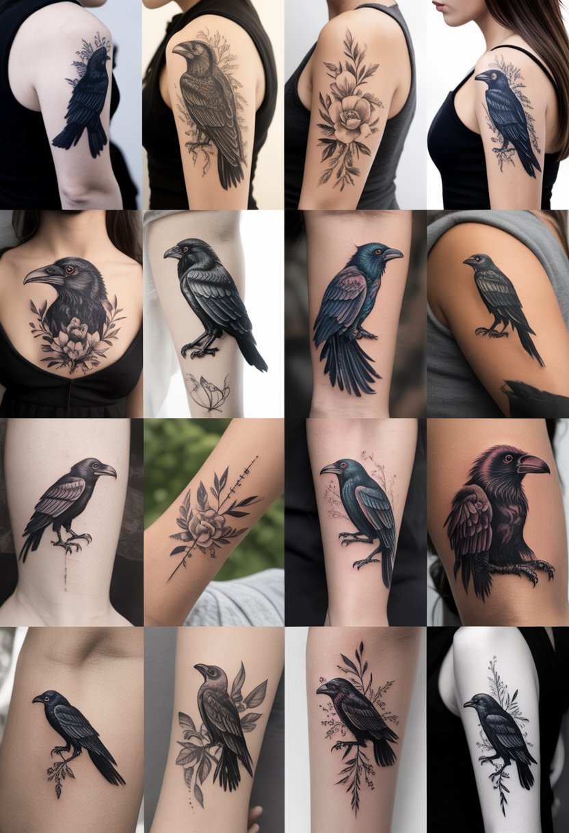 A collection of 15 different raven tattoos on various parts of women's bodies, showing a variety of designs and placements.