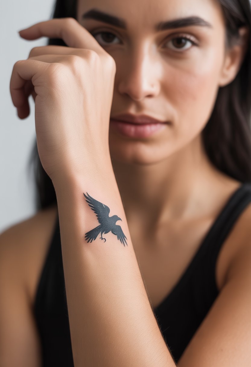 Close-up of a woman's wrist with a small black raven silhouette tattoo.