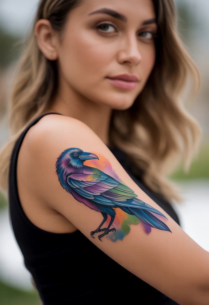 Close-up of a woman's forearm with a colorful raven tattoo featuring vibrant feathers.