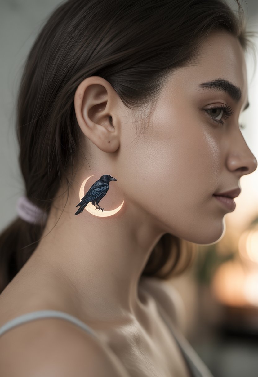 Side view of a woman showing a small raven perched on a crescent moon tattoo behind her ear.