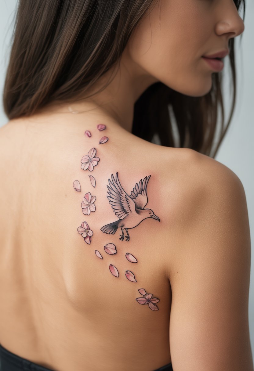 A woman's shoulder blade with a tattoo of a flying raven surrounded by scattered flower petals.