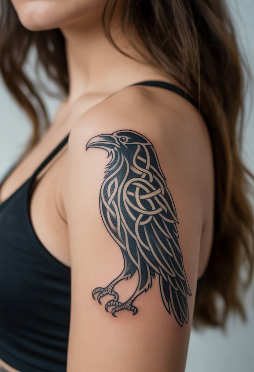 Close-up of a woman's upper arm with a detailed raven tattoo featuring Celtic knot patterns.
