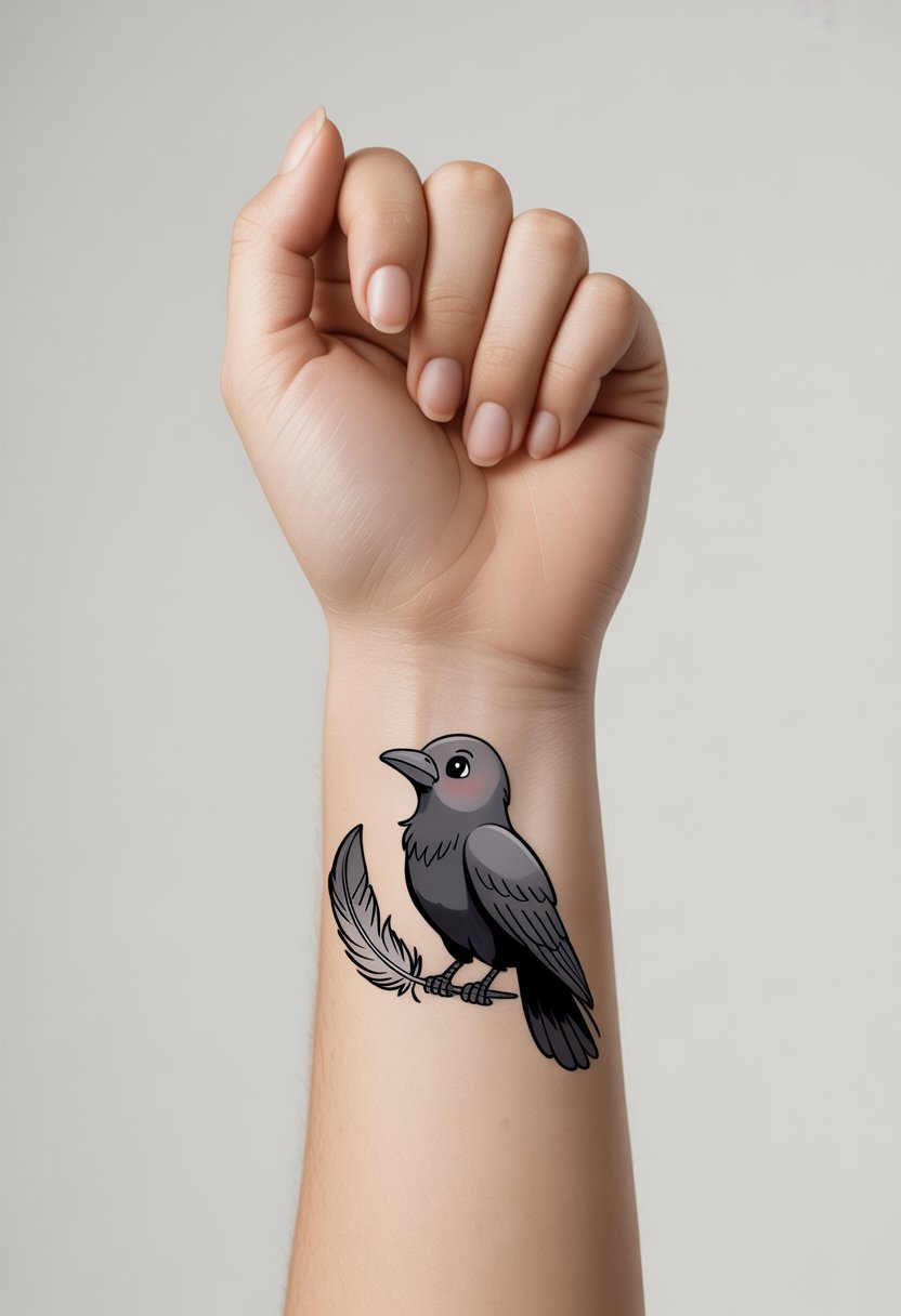 A small raven perched on a wrist holding a feather with its beak.