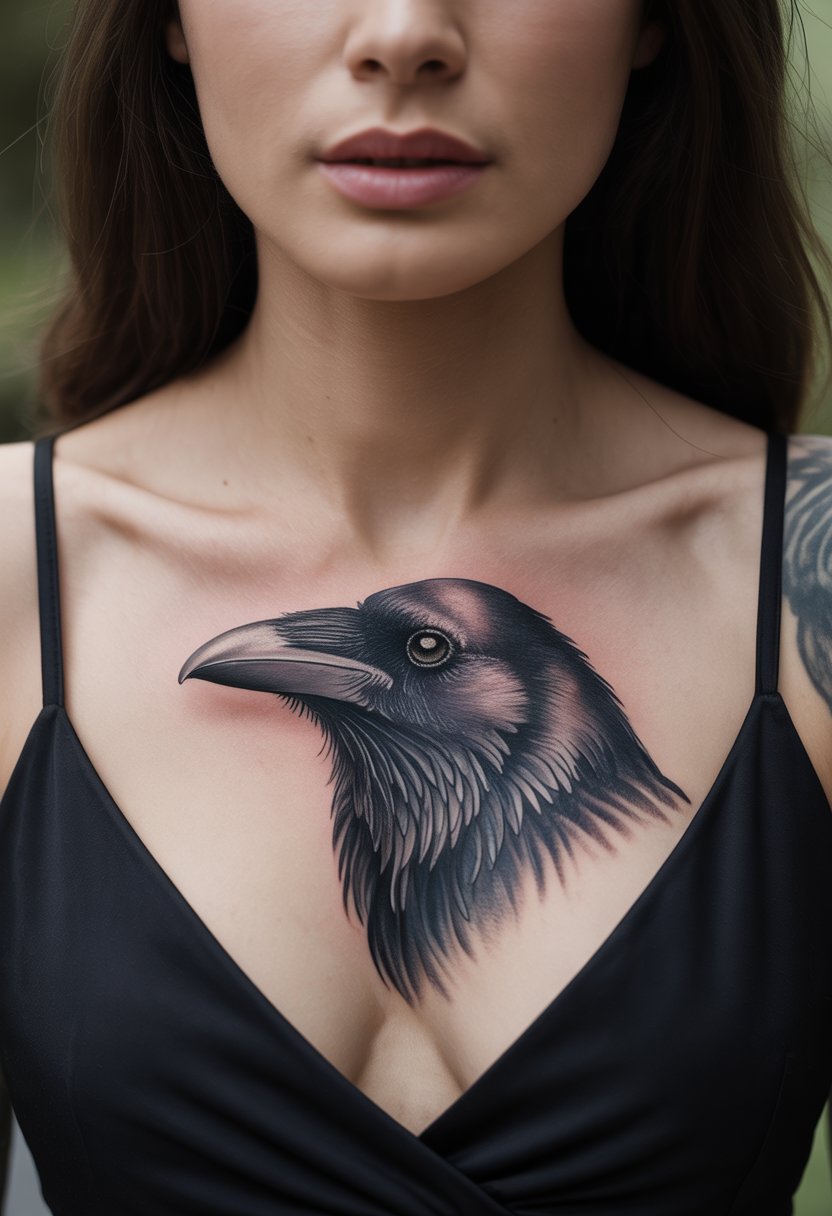 Close-up of a woman's chest showing a realistic raven head tattoo with piercing eyes.