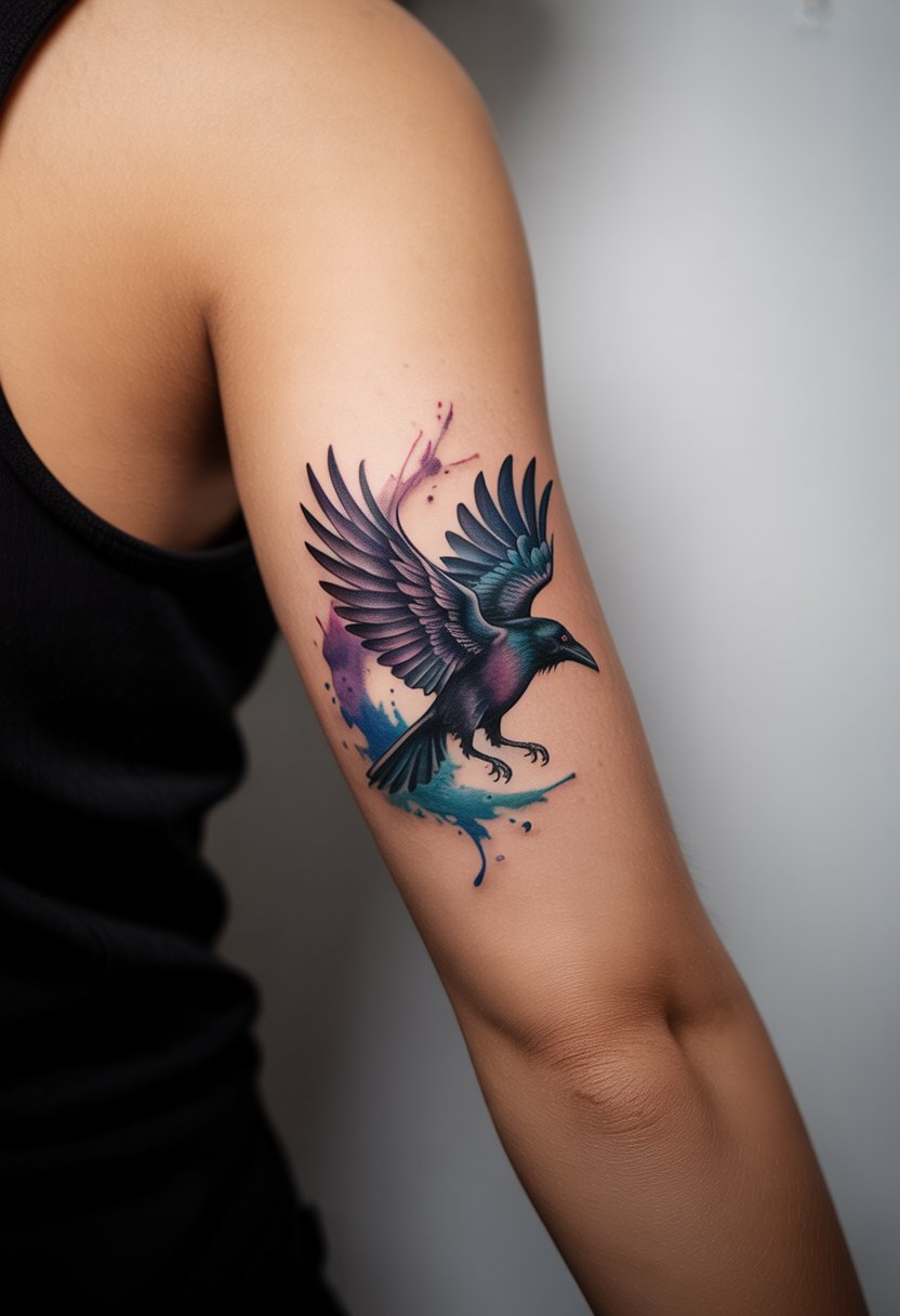Close-up of a woman's forearm with a detailed raven tattoo in flight surrounded by colorful watercolor splashes.