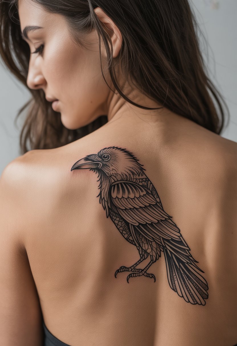 A close-up of a woman's upper back with a detailed raven tattoo featuring intricate patterns.