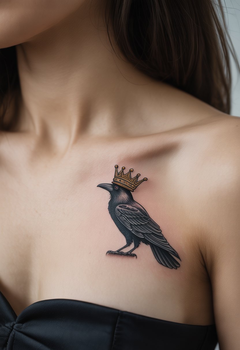 Close-up of a woman's collarbone with a small tattoo of a black raven wearing a crown.