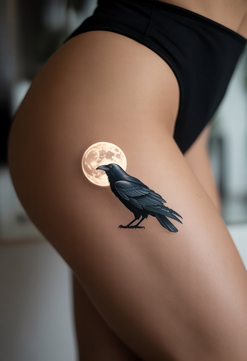 Close-up of a woman's thigh with a tattoo of a raven silhouette in front of a glowing full moon.