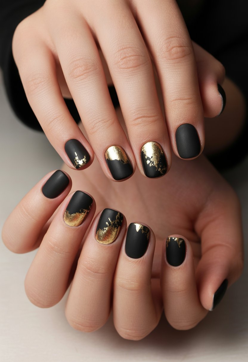 Close-up of a woman's hands showing black matte nails with gold foil accents in various designs.