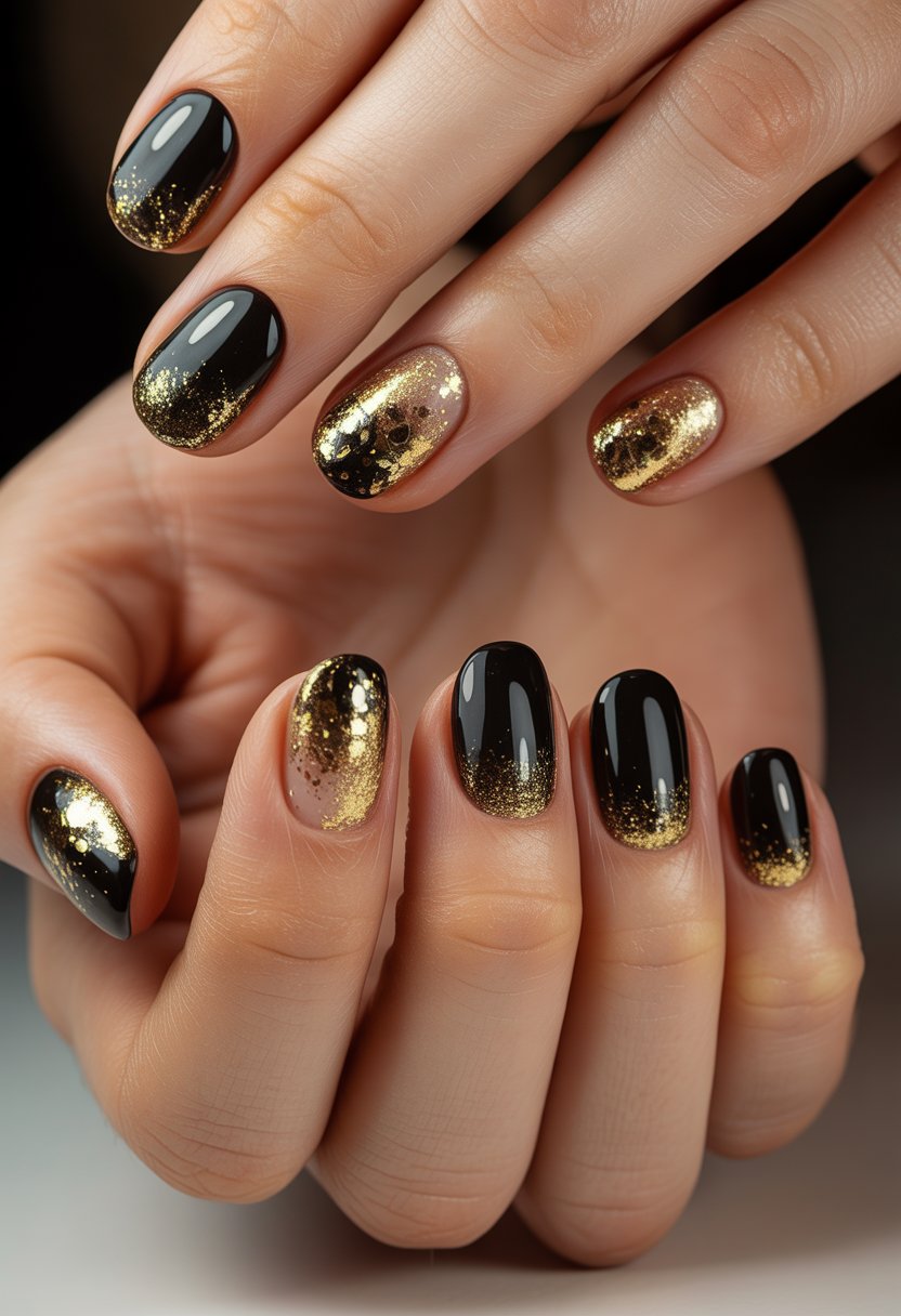 Close-up of a woman's hands showing 15 black and gold glittery birthday nail designs with glossy finishes.