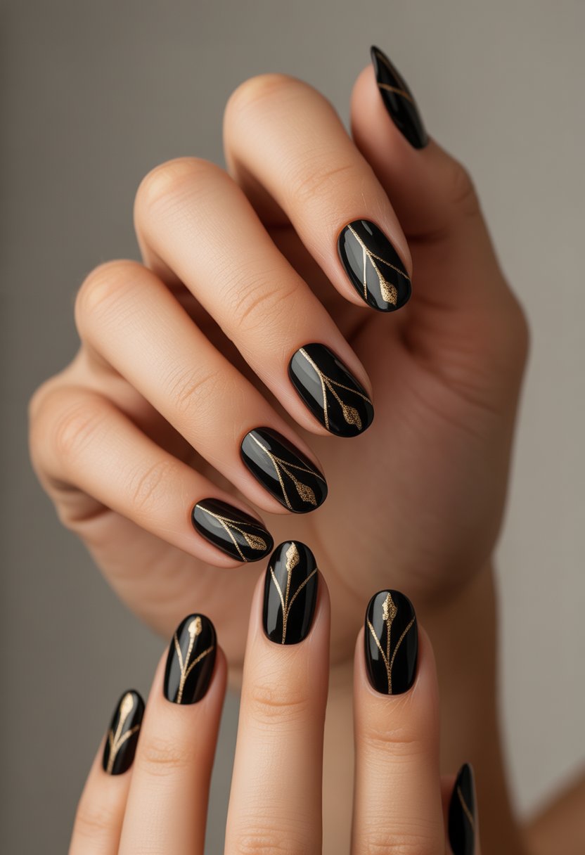 Close-up of a woman's hand with black nails featuring gold geometric line designs.