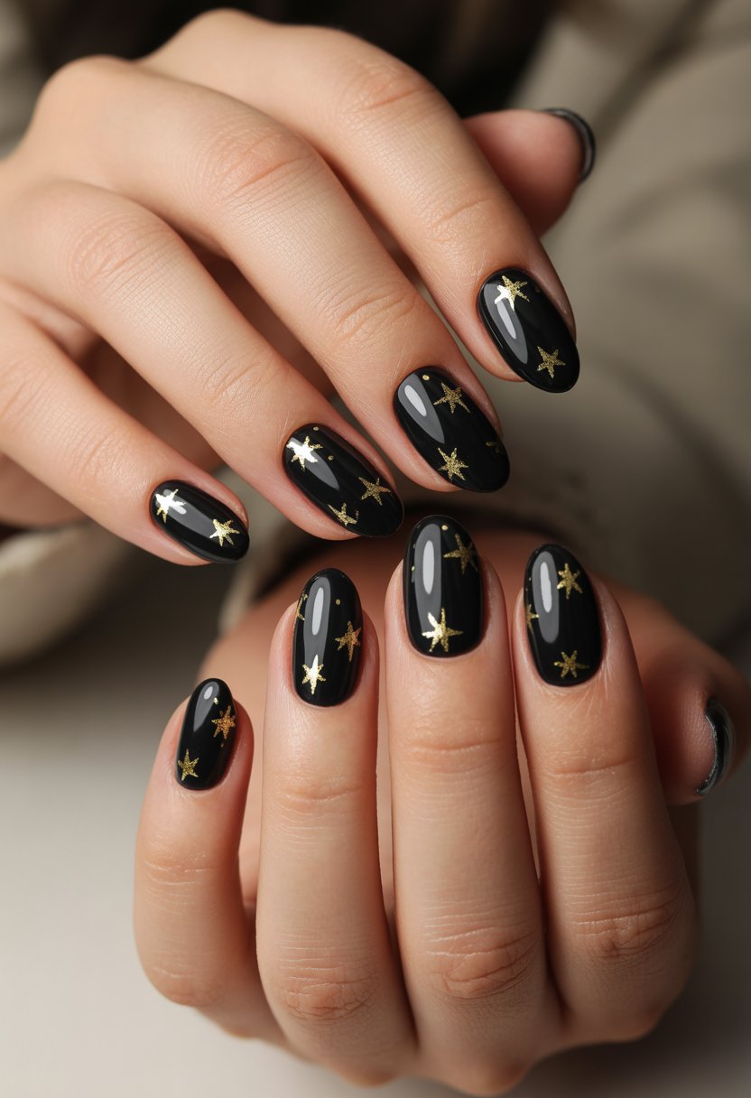Close-up of hands with black almond-shaped nails decorated with gold stars.