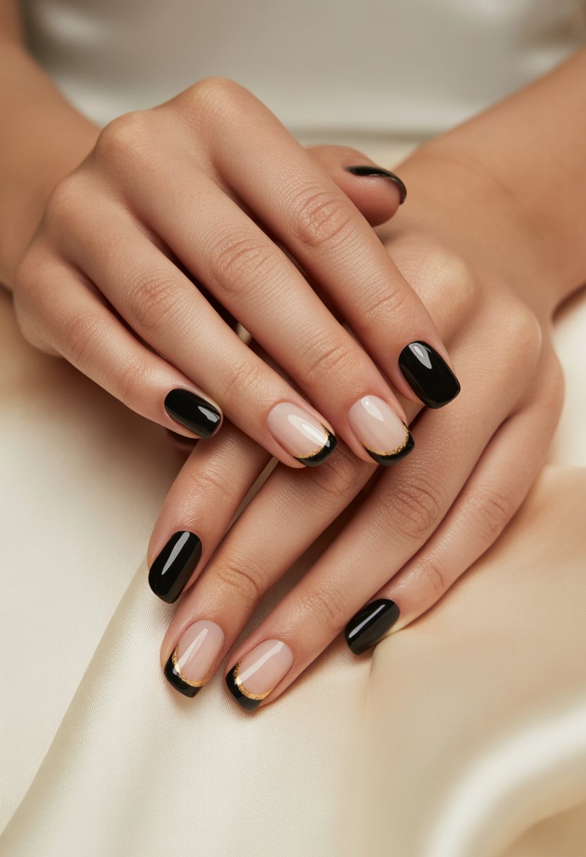 Close-up of a woman's hands with black French tip nails edged in thin gold, resting on a neutral background.