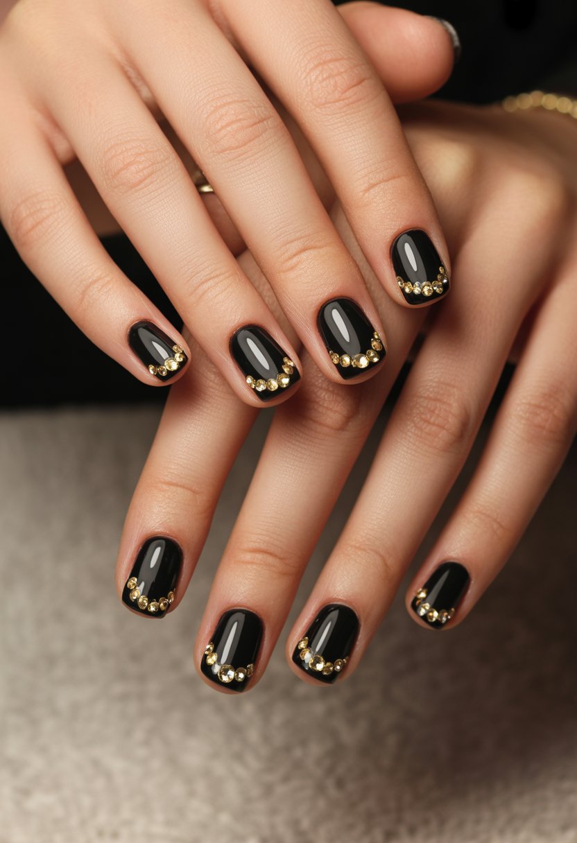 Close-up of a woman's hands showing black and gold decorated fingernails with rhinestones.