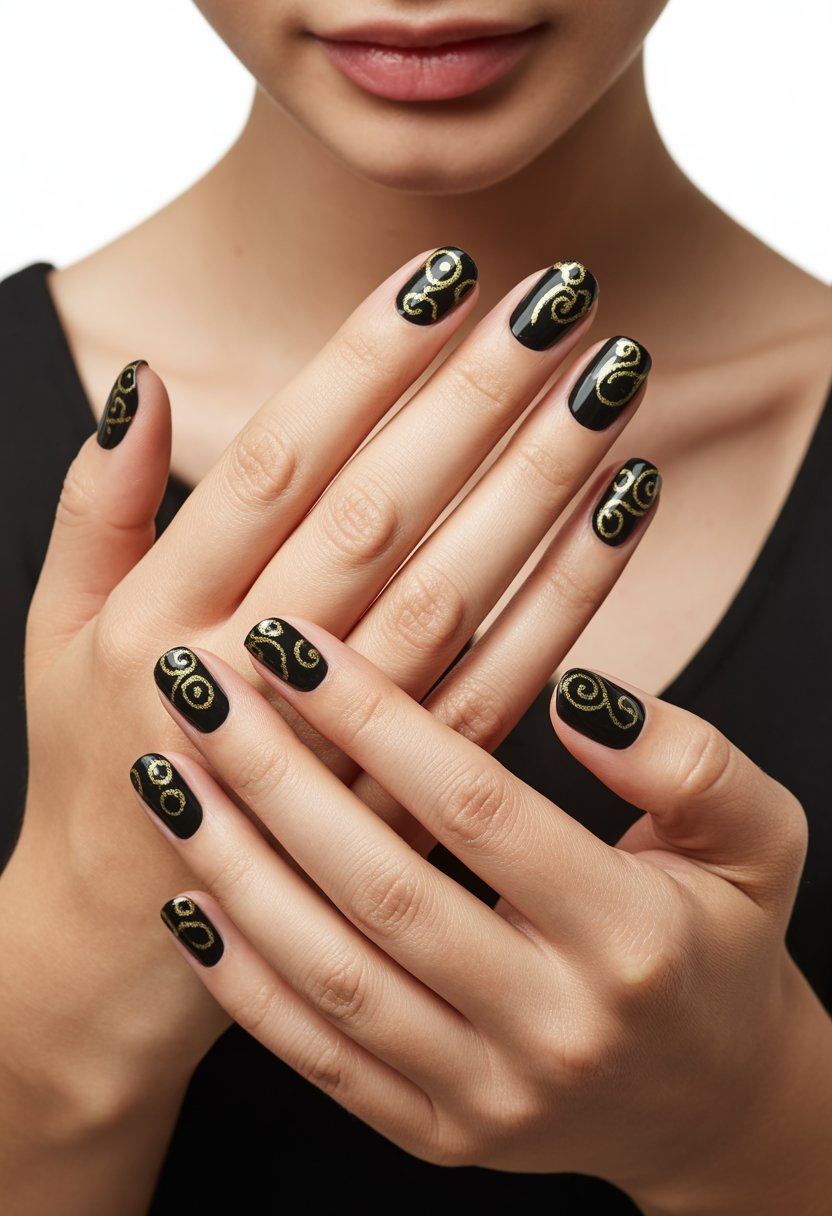Close-up of a woman's hands with black nails decorated with gold swirl designs.