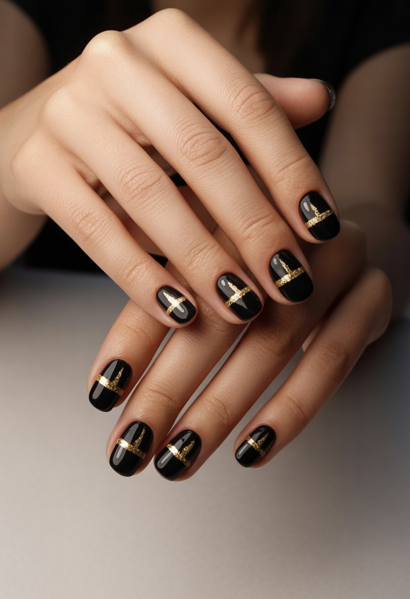 Close-up of a woman's hands showing black and gold decorated birthday nails with metallic stripes.