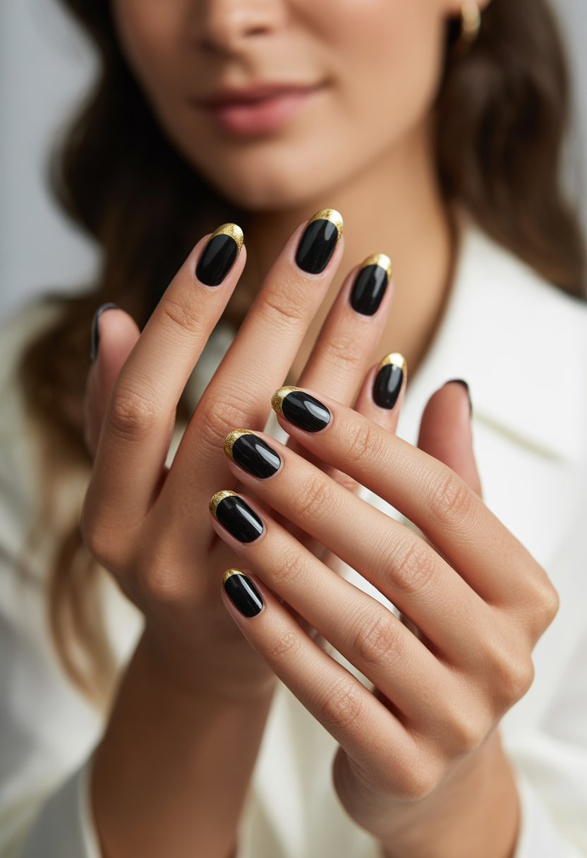 Close-up of a woman's hands with black nails featuring gold half-moon tips.