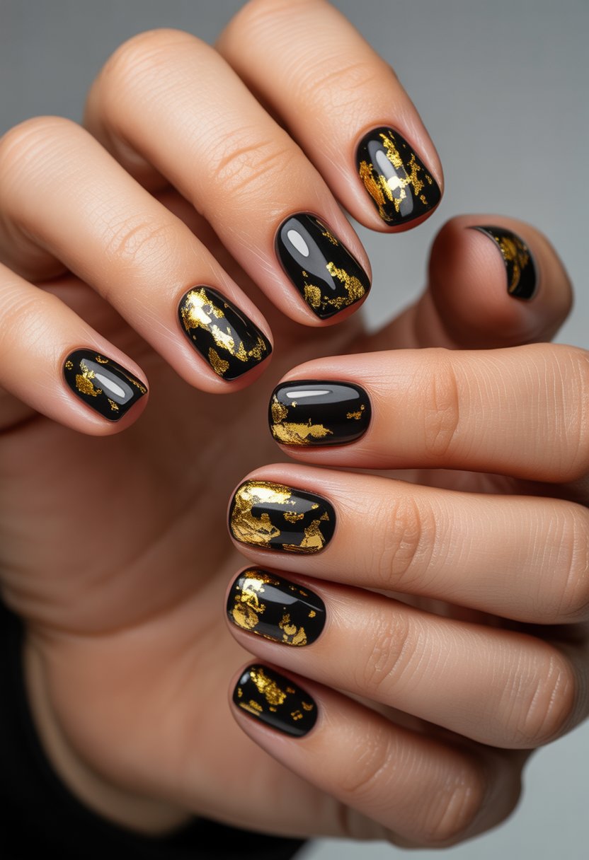 Close-up of a woman's hand with black nails decorated with gold foil flakes and designs.