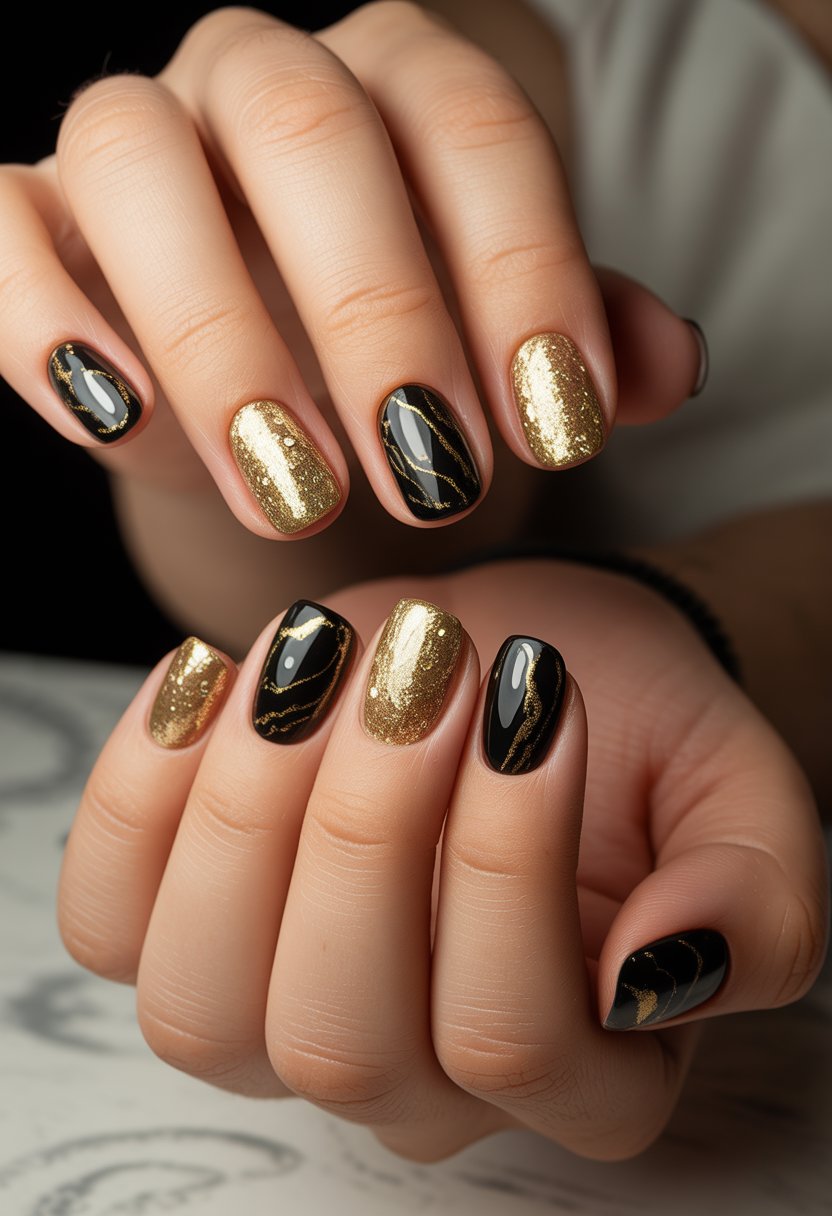 Close-up of a woman's hand showing black and gold birthday-themed nails with glitter and marble designs.