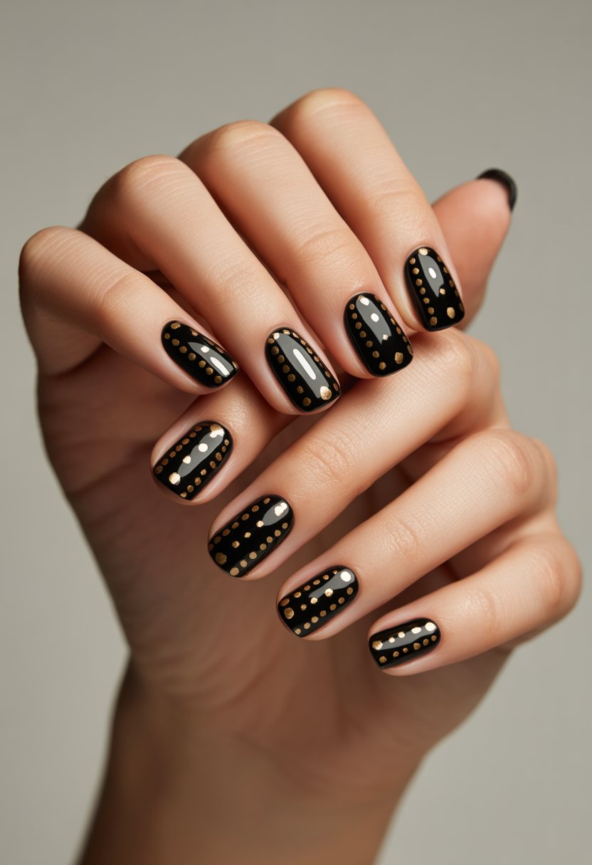 A woman's hand with glossy black nails decorated with gold dots, displayed against a neutral background.