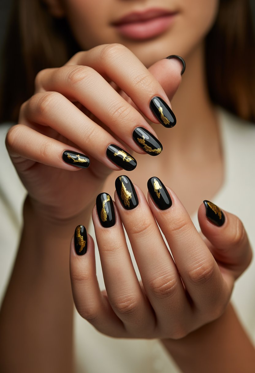 Close-up of a woman's hands with black nails decorated with gold leaf accents.