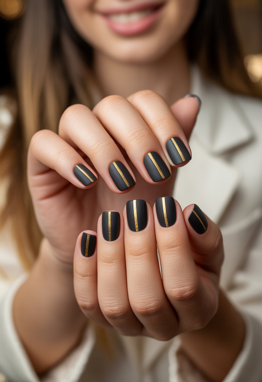 Close-up of a woman's hands showing 15 matte black nails each with a gold stripe down the center.