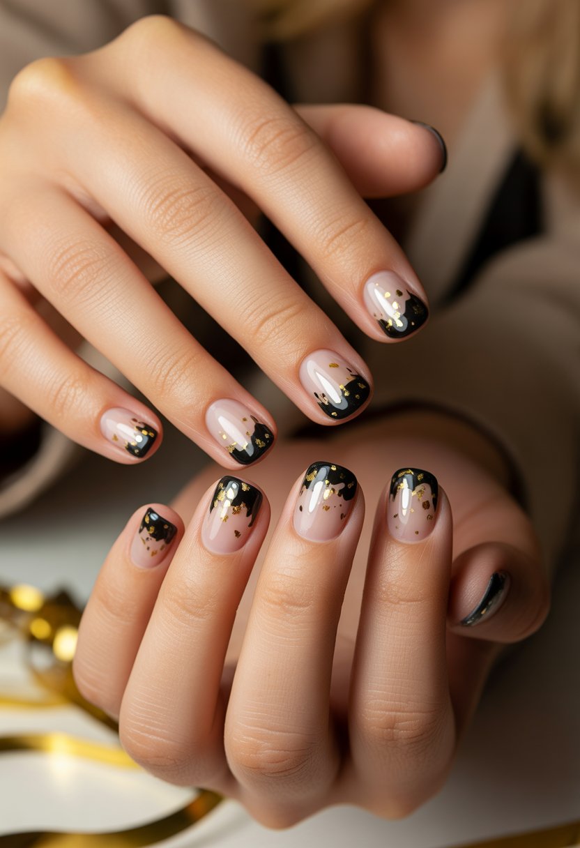 Close-up of a woman's hands showing black nails decorated with gold confetti.