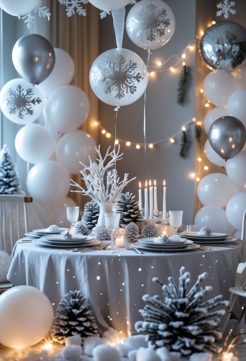 Indoor birthday party decorated with white and silver winter-themed decorations and faux snow on the table and floor.