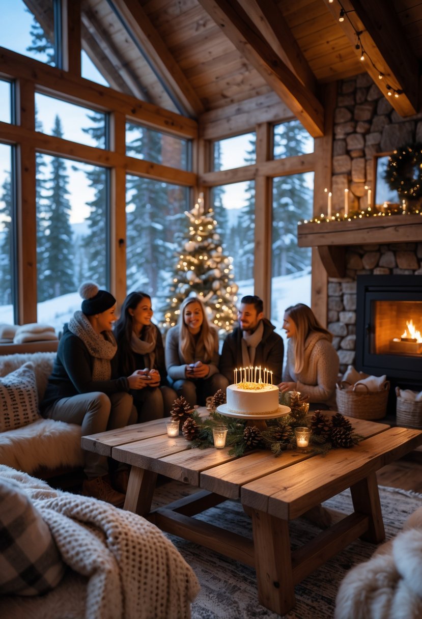 A warm and cozy mountain cabin interior decorated for a small winter birthday celebration with a fireplace and snow visible outside.