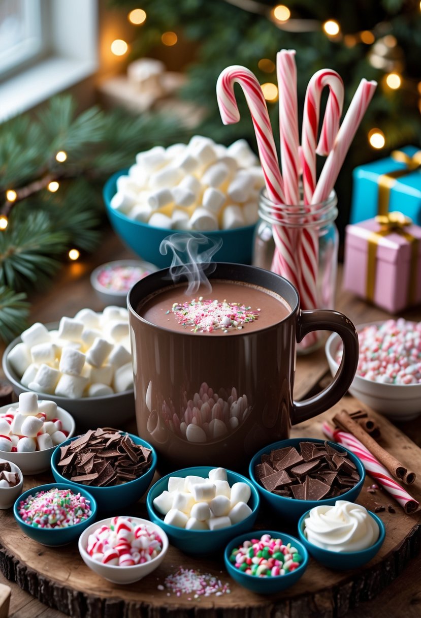 A hot chocolate bar with marshmallows, peppermint sticks, and various toppings set up for a winter birthday party.