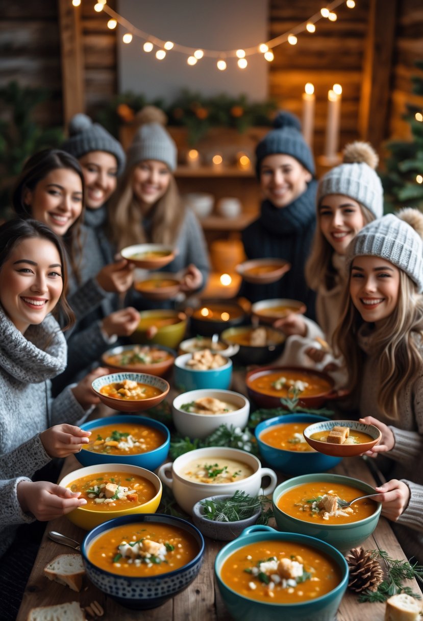 People enjoying a cozy winter birthday party with a variety of warm soups served on a wooden table, surrounded by winter decorations and soft lighting.