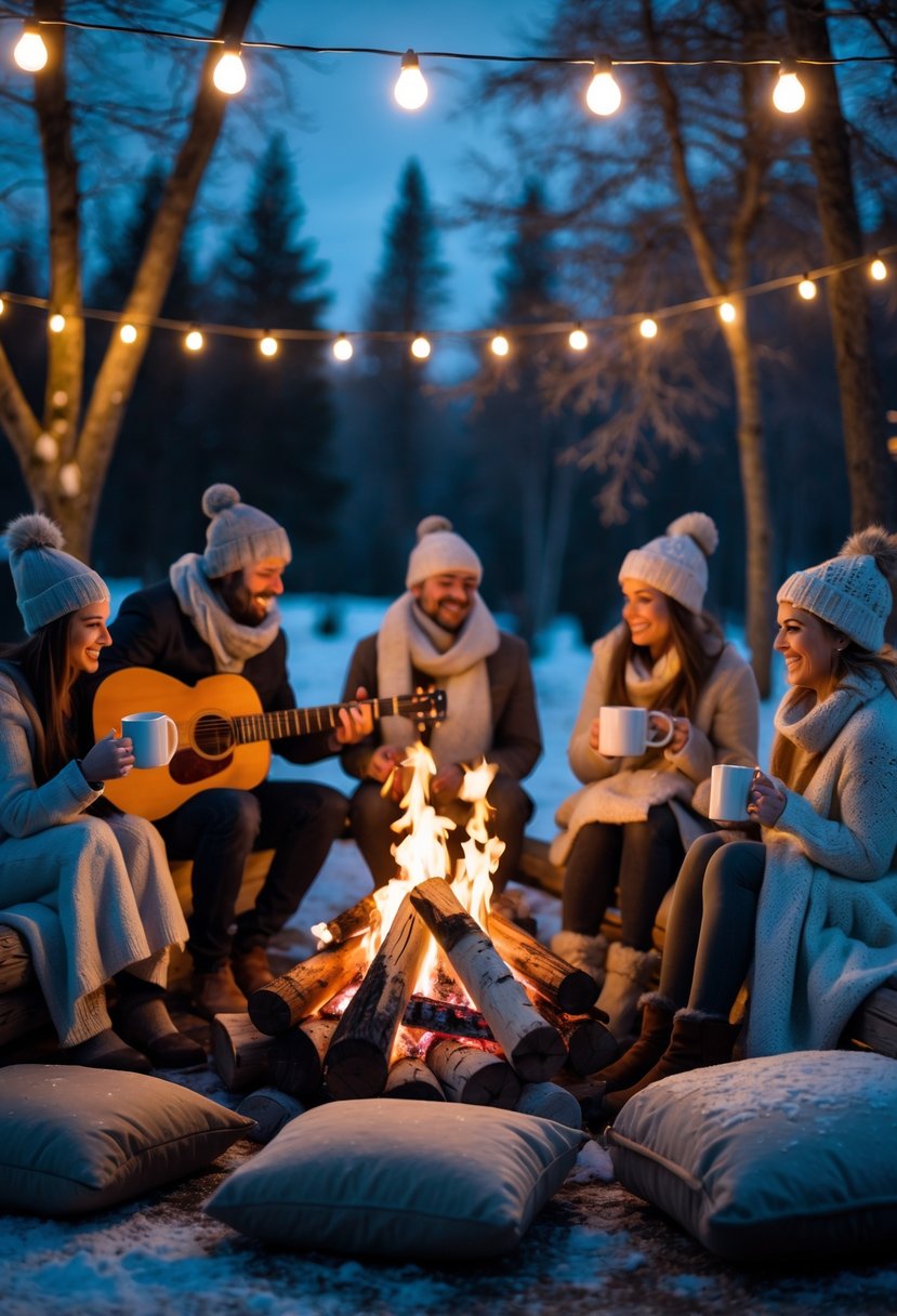 People wrapped in blankets sitting around a campfire outdoors, drinking warm drinks and playing acoustic guitar during a winter birthday gathering.
