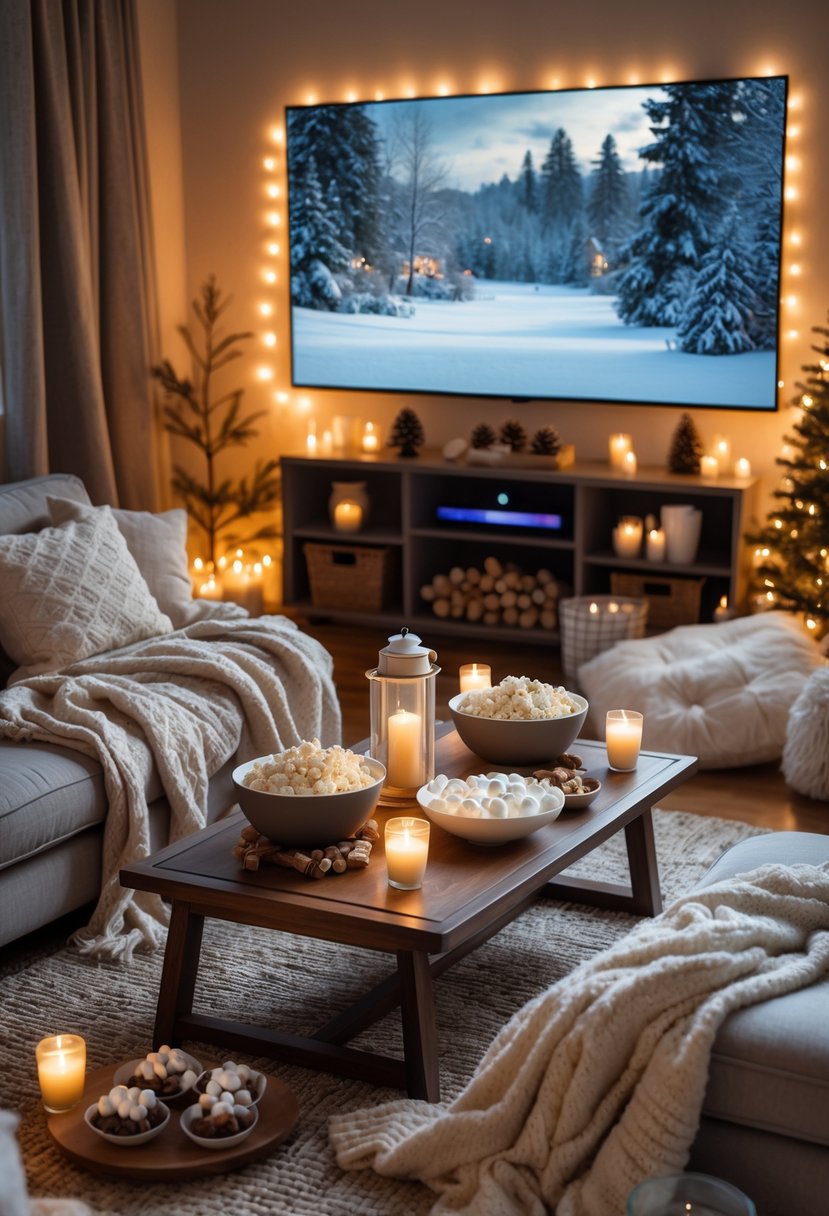 A cozy living room set up for a winter movie night with blankets, pillows, snacks, and a TV showing a snowy scene.