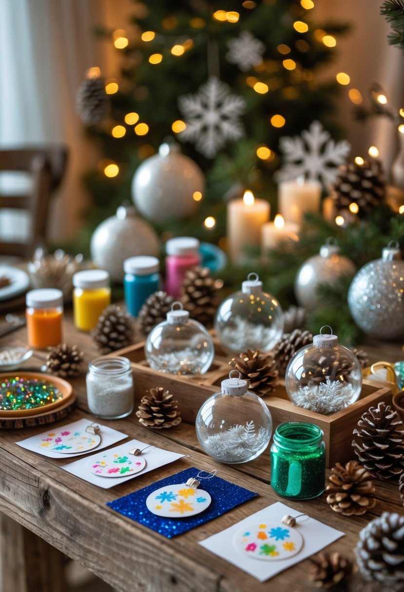 A table set up with craft supplies for making winter-themed ornaments, including paints, ribbons, pinecones, and decorated ornaments.