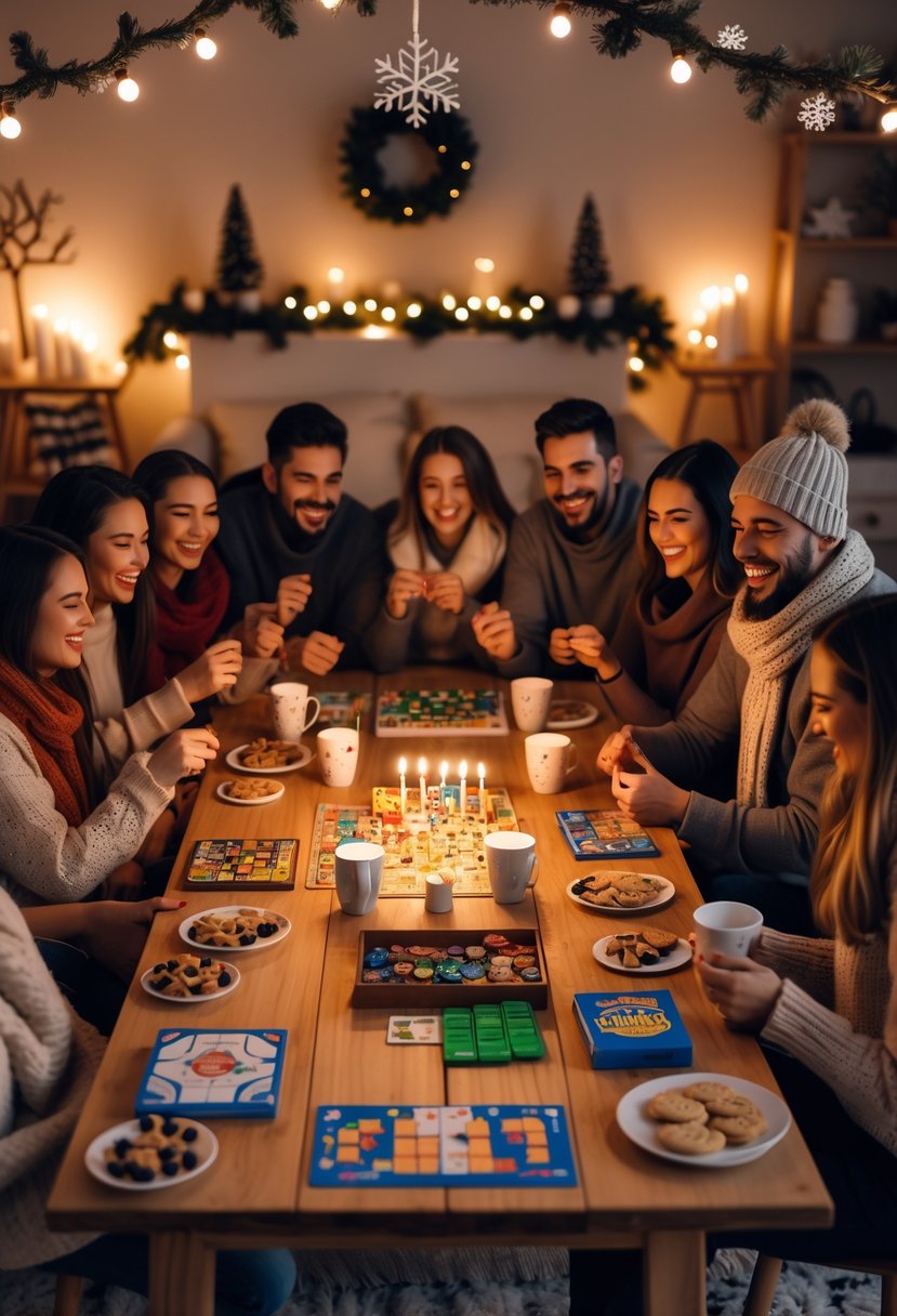 A group of friends and family enjoying a board game marathon indoors during a cozy winter birthday celebration.