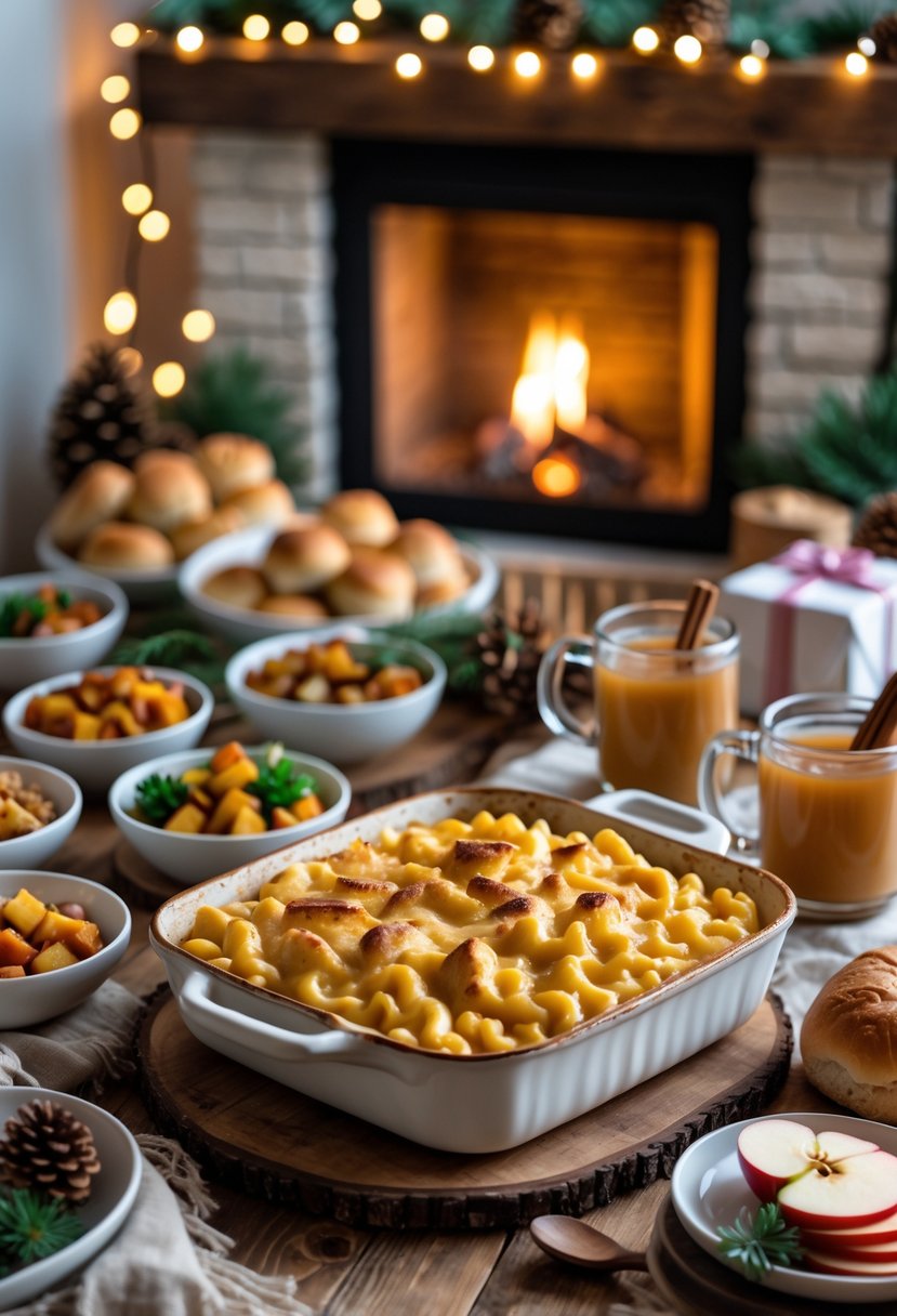 A warm indoor birthday party table with baked mac and cheese, mugs of apple cider, and winter decorations near a fireplace.