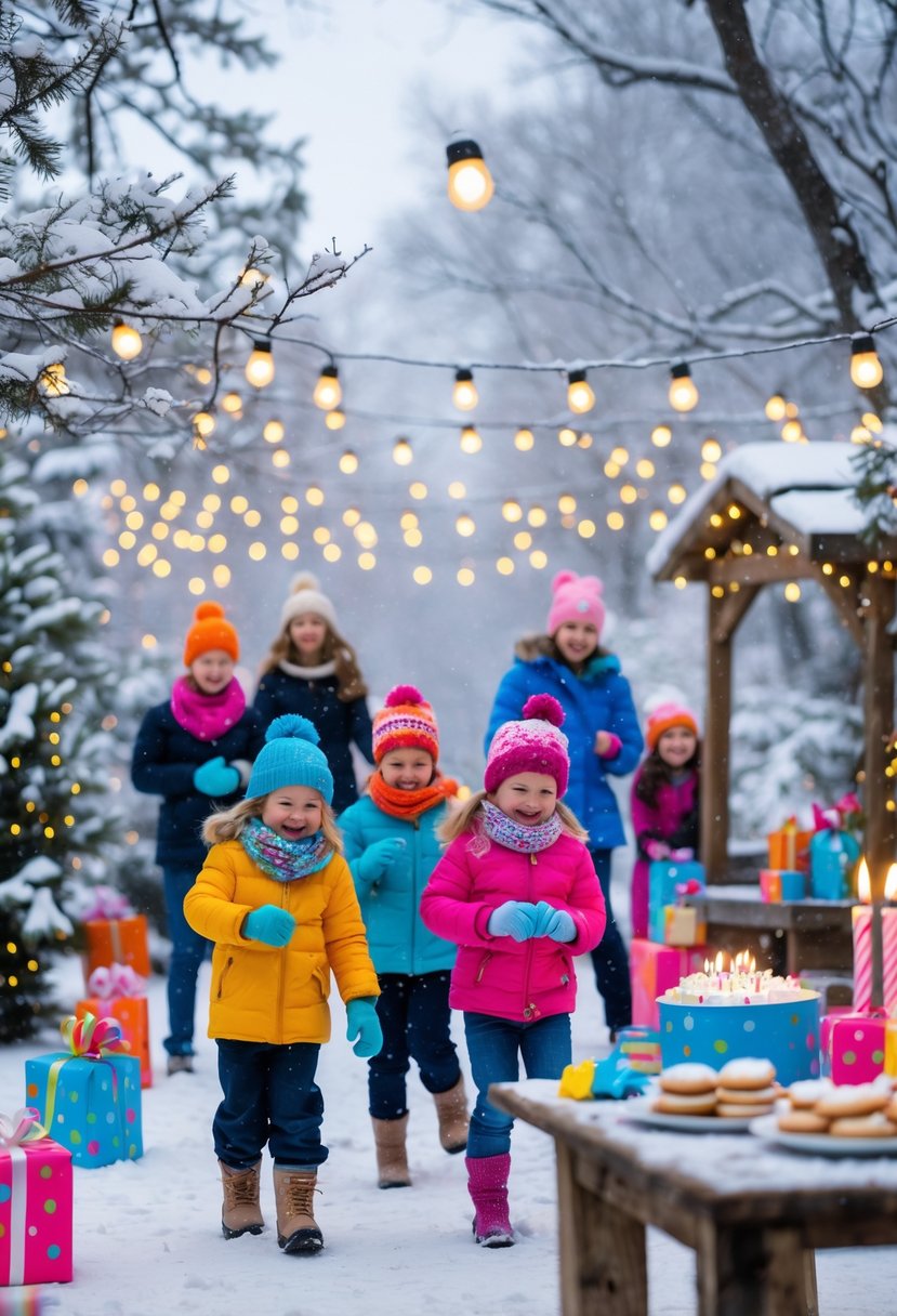 People enjoying a winter birthday scavenger hunt outdoors with snow, festive decorations, and warm drinks on a table.