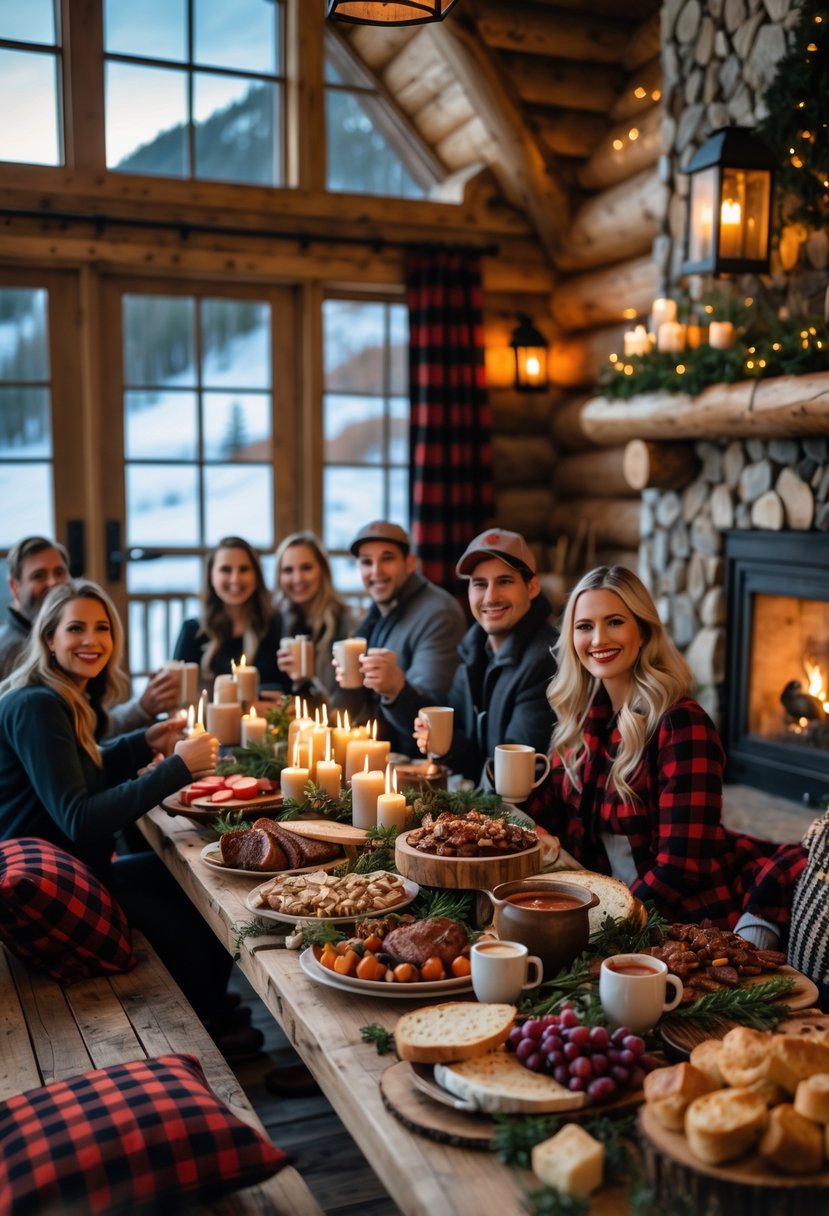 A cozy indoor winter party with people gathered around a wooden table filled with hearty food, plaid decorations, and a fireplace in the background.